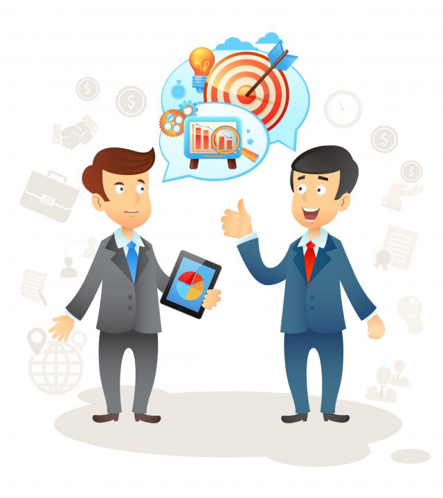 Business social chat concept with two businessman and speech bubbles vector illustration